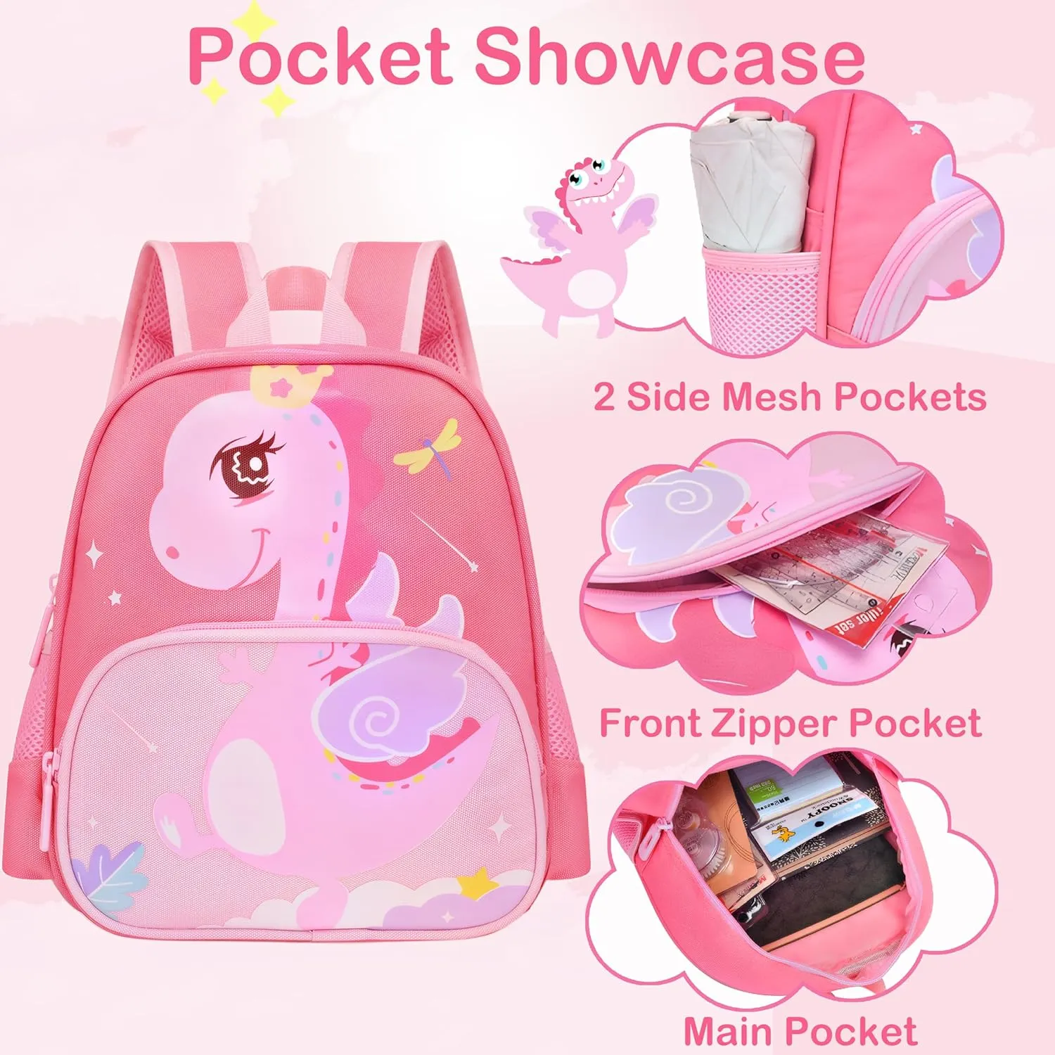 Cute Toddler Backpack Preschool Dinosaur Schoolbag for 2-6 Girls Kindergarten Children Travel Bookbag (Pink)
