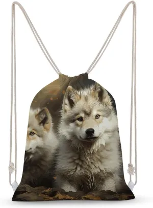 Cute Wolf Drawstring Backpack Lightweight Gym Bag Waterproof Cinch Bags for Women Men