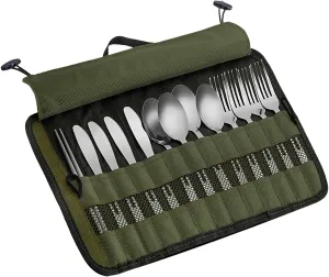 Cutlery Storage Bag,Portable Polyester Roll Up Pouch Bag For Forks, Spoons, Chopstick,Water Resistant Storage Kitchen Cooking Utensil Set Travel Organizer, Army Green