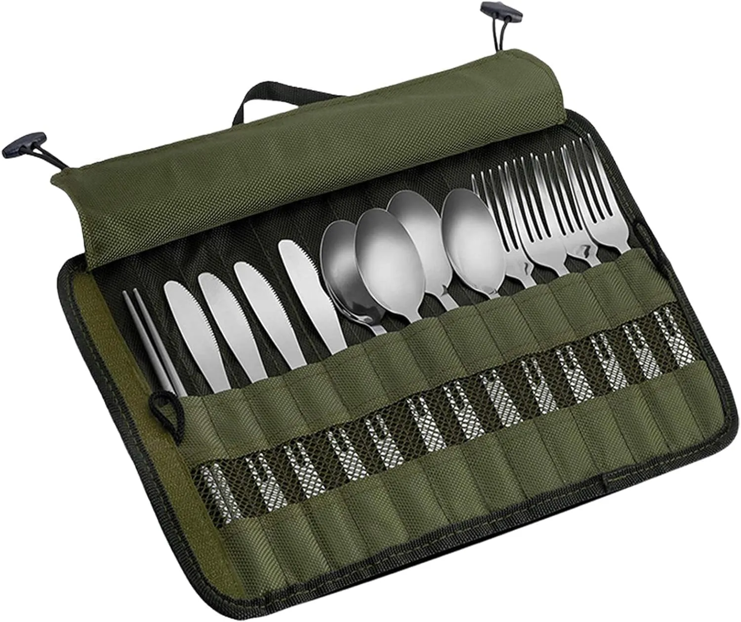 Cutlery Storage Bag,Portable Polyester Roll Up Pouch Bag For Forks, Spoons, Chopstick,Water Resistant Storage Kitchen Cooking Utensil Set Travel Organizer, Army Green