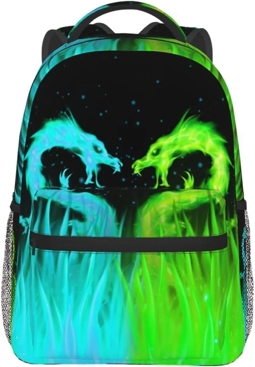 Cyan and Green Dragon Backpack for Boys Ages 4-12 Cool Fire Flame Backpacks Animal Bookbag for 2nd 3rd 4th 5th 6th Grade Kids Girls Back to School Gifts