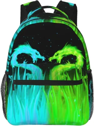Cyan and Green Dragon Backpack for Boys Ages 4-12 Cool Fire Flame Backpacks Animal Bookbag for 2nd 3rd 4th 5th 6th Grade Kids Girls Back to School Gifts