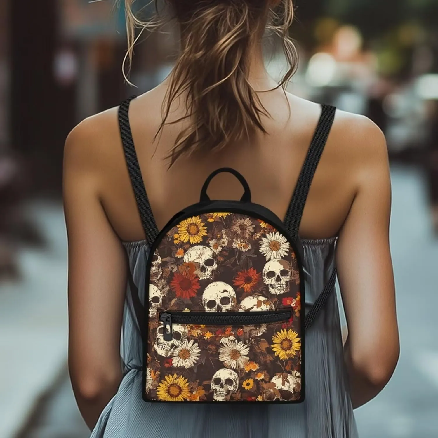 Daisy Skull Mini Backpack Purse for Women Gothic Canvas Backpack with Zipper Lightweight Daypack for Work Travel