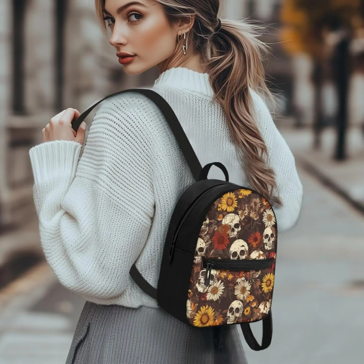 Daisy Skull Mini Backpack Purse for Women Gothic Canvas Backpack with Zipper Lightweight Daypack for Work Travel
