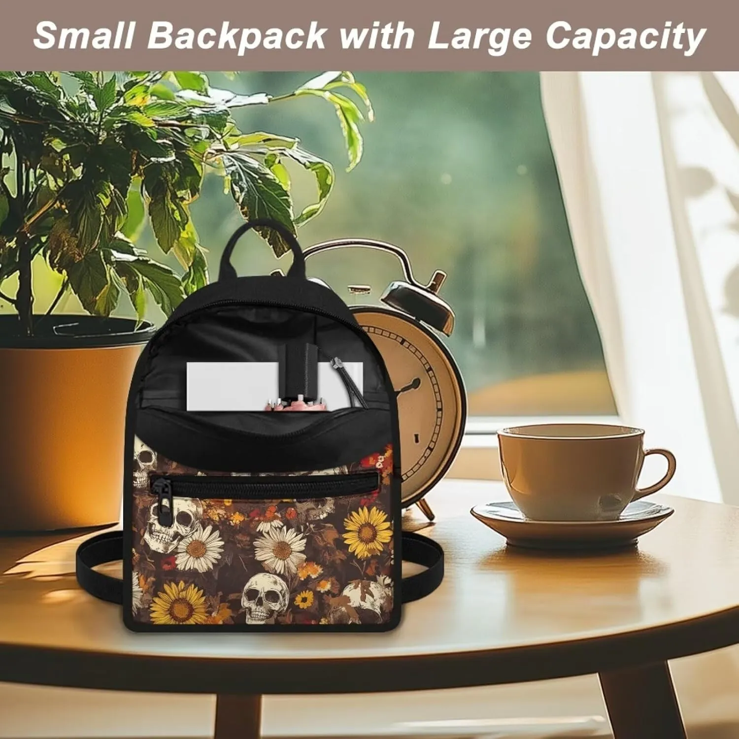 Daisy Skull Mini Backpack Purse for Women Gothic Canvas Backpack with Zipper Lightweight Daypack for Work Travel