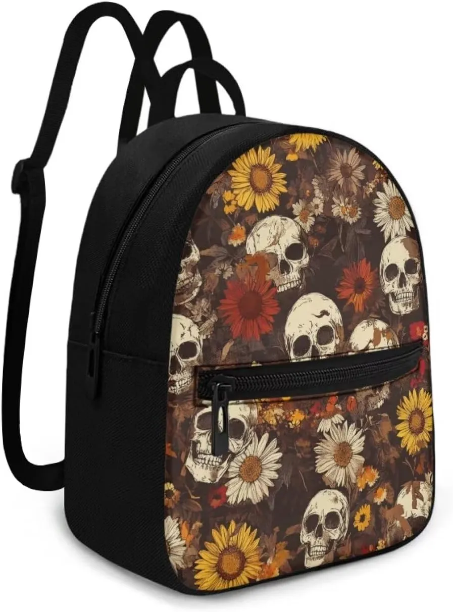 Daisy Skull Mini Backpack Purse for Women Gothic Canvas Backpack with Zipper Lightweight Daypack for Work Travel