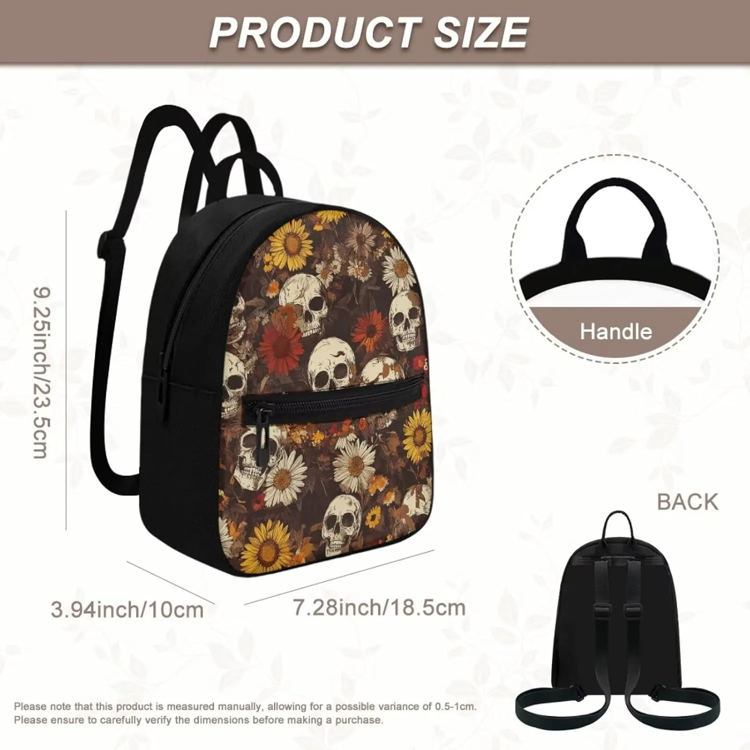 Daisy Skull Mini Backpack Purse for Women Gothic Canvas Backpack with Zipper Lightweight Daypack for Work Travel