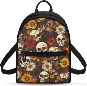 Daisy Skull Mini Backpack Purse for Women Gothic Canvas Backpack with Zipper Lightweight Daypack for Work Travel