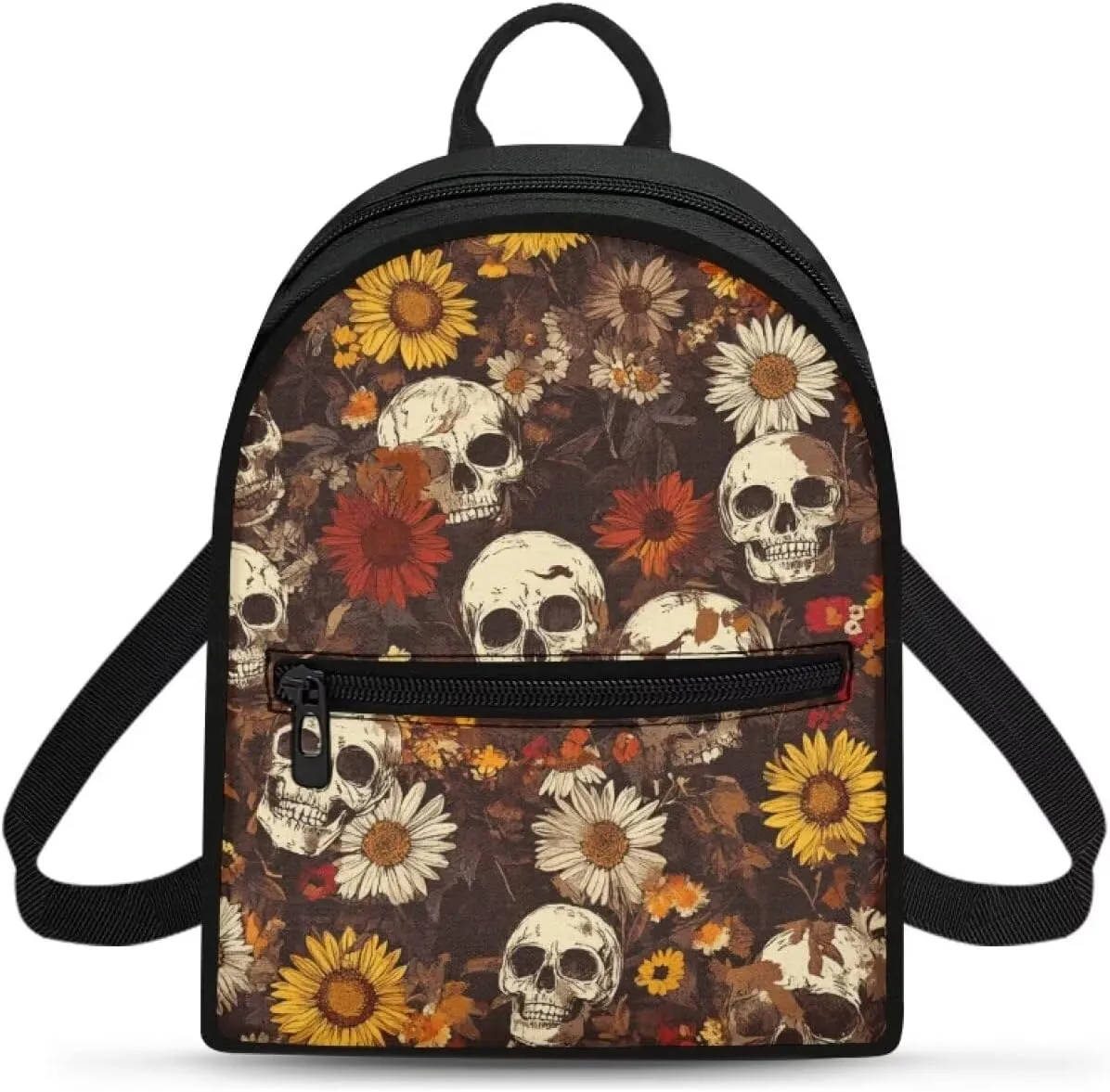 Daisy Skull Mini Backpack Purse for Women Gothic Canvas Backpack with Zipper Lightweight Daypack for Work Travel