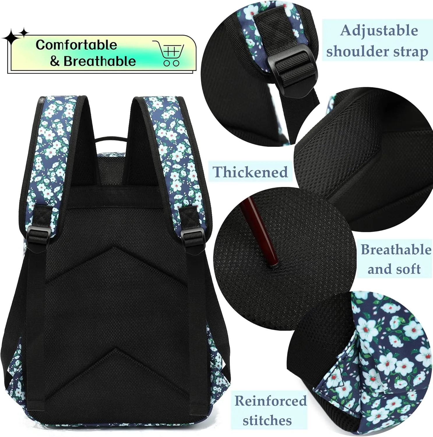 Daisy Travel Backpack for Women Laptop Backpack Water Resistant College Stylish Backpacks Dapack Shoulder Carry On Bag Black