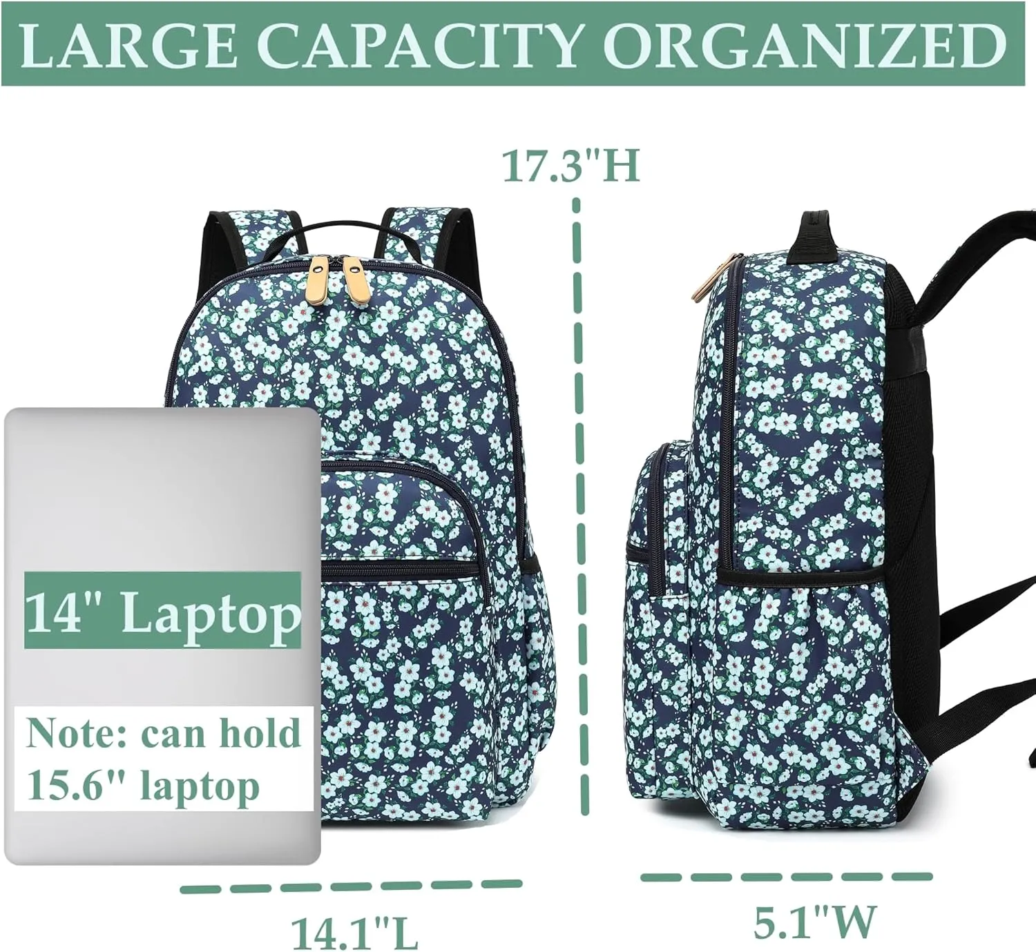 Daisy Travel Backpack for Women Laptop Backpack Water Resistant College Stylish Backpacks Dapack Shoulder Carry On Bag Black