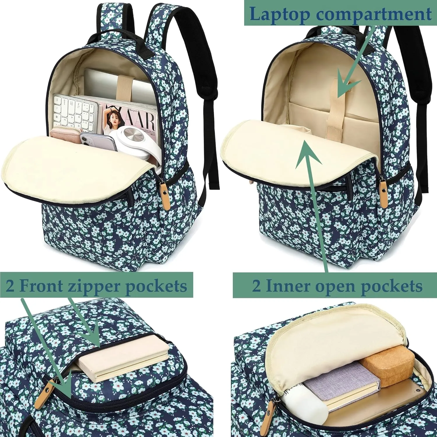 Daisy Travel Backpack for Women Laptop Backpack Water Resistant College Stylish Backpacks Dapack Shoulder Carry On Bag Black