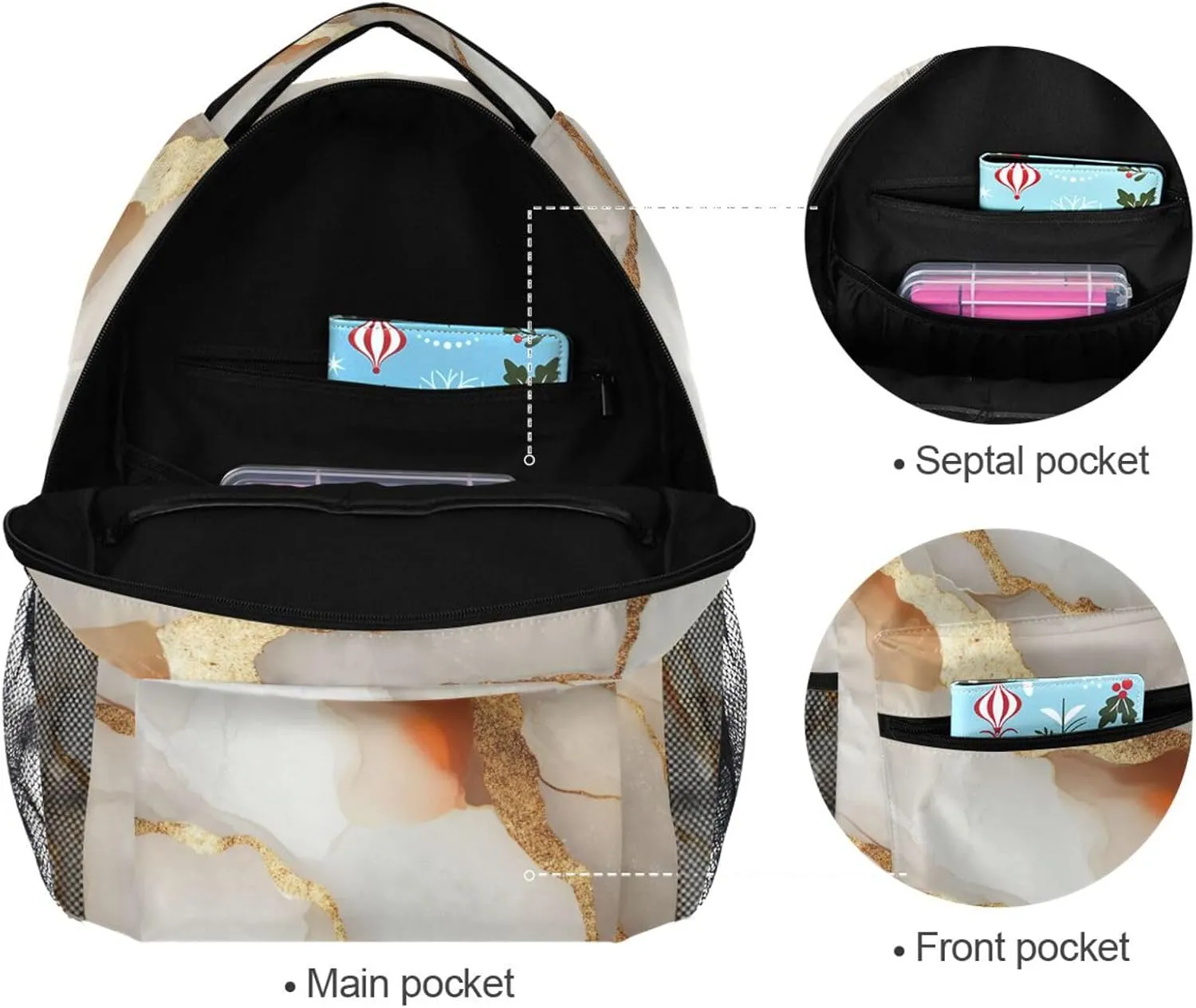 Day Backpack for Teenager Fashion Stylish Travel Bags with Chest Strap for College Work Marble White Brown