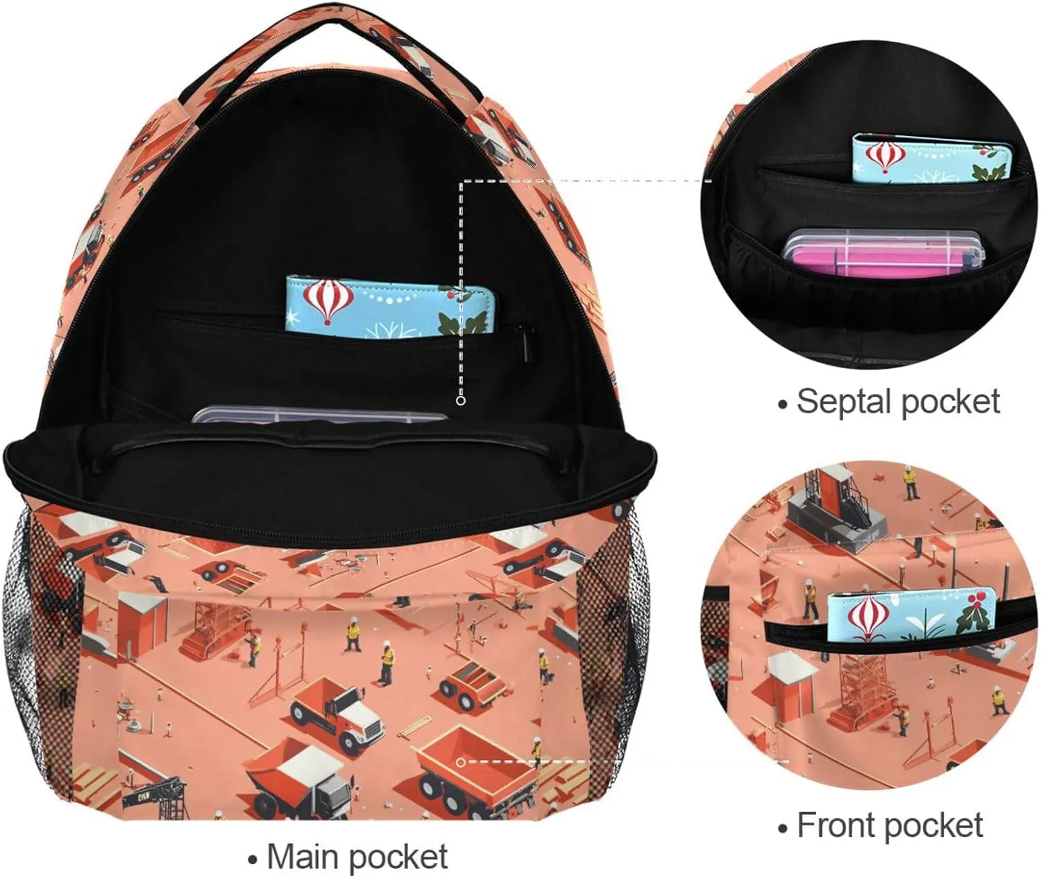 Day Backpack for Teens Boys Girls Fashion Travel Laptop Backpack with Chest Strap Gift Men & Women Construction Scene Highway Construction Bulldozer