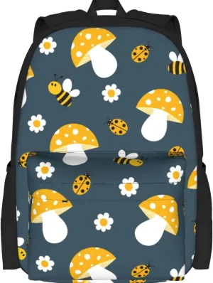 Delerain Cute Bees Mushrooms Kids Backpack School Book Bag Travel Daypack Shoulder Bag 16 Inch Plus Lightweight Laptop Bag for 1-6th Grade Boys Girls Back to School