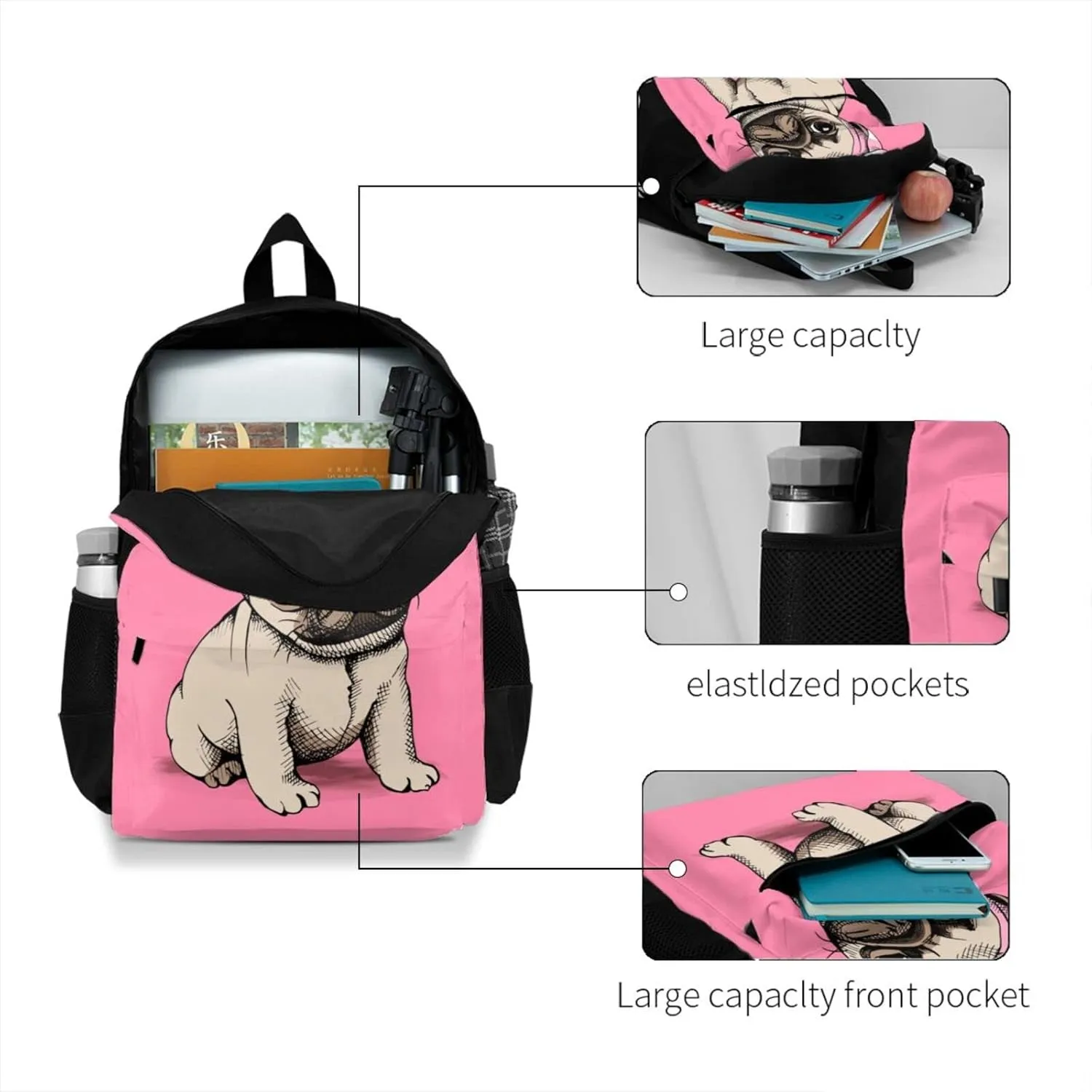 Delerain Pug Kids Backpack School Book Bag Travel Daypack Shoulder Bag 17 Inch Plus Laptop Bag for Boys Girls