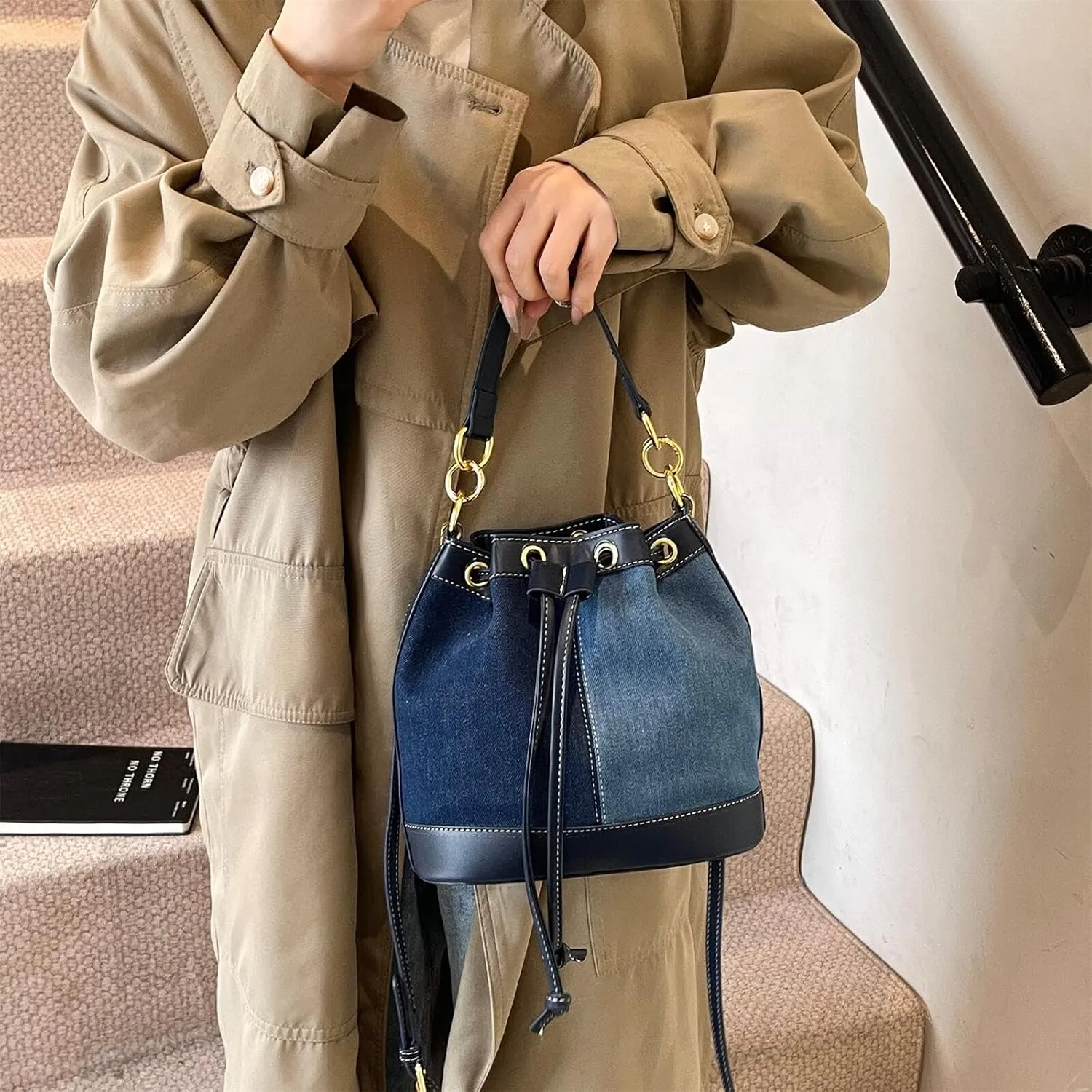 Denim Bucket Bag for Women Handbag Trendy Jean Purse Drawstring Crossbody Shoulder Bag
