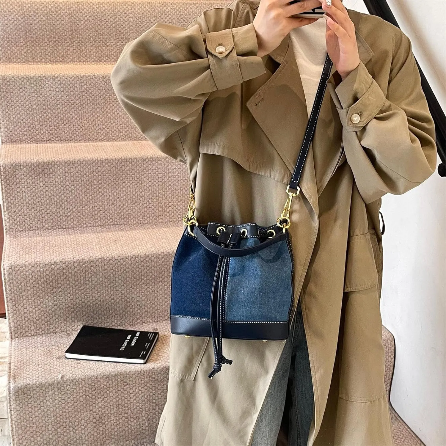 Denim Bucket Bag for Women Handbag Trendy Jean Purse Drawstring Crossbody Shoulder Bag