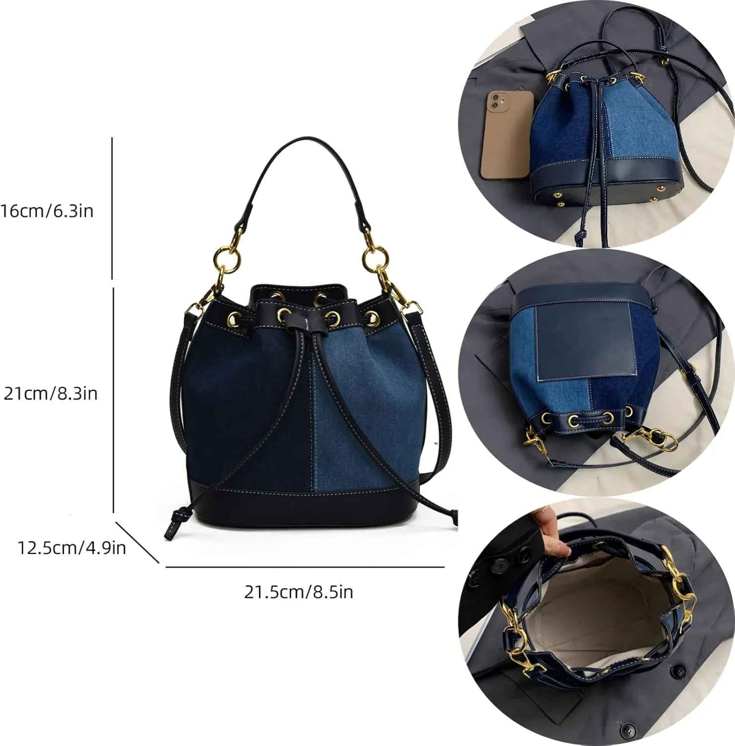 Denim Bucket Bag for Women Handbag Trendy Jean Purse Drawstring Crossbody Shoulder Bag