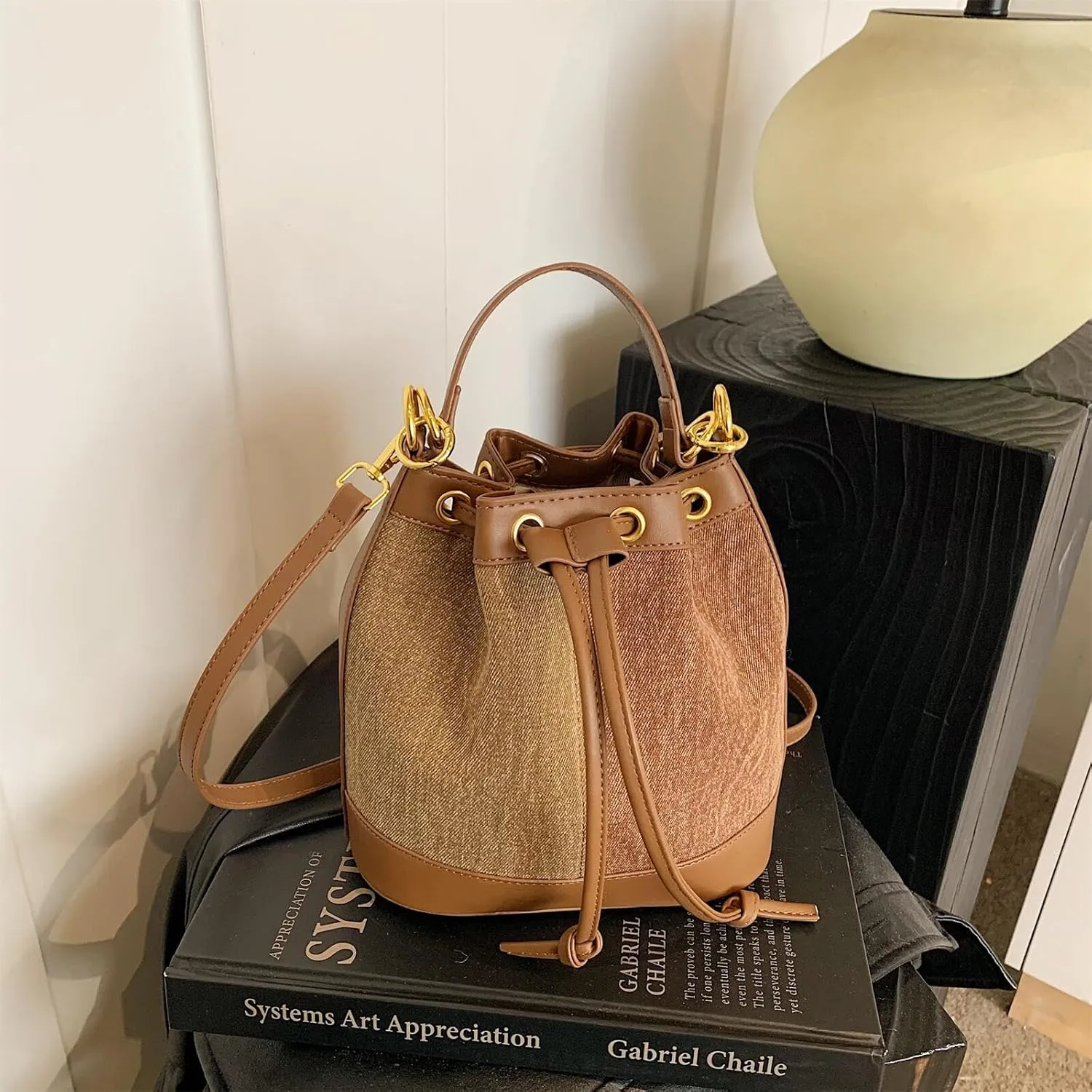Denim Bucket Bag for Women Handbag Trendy Jean Purse Drawstring Crossbody Shoulder Bag