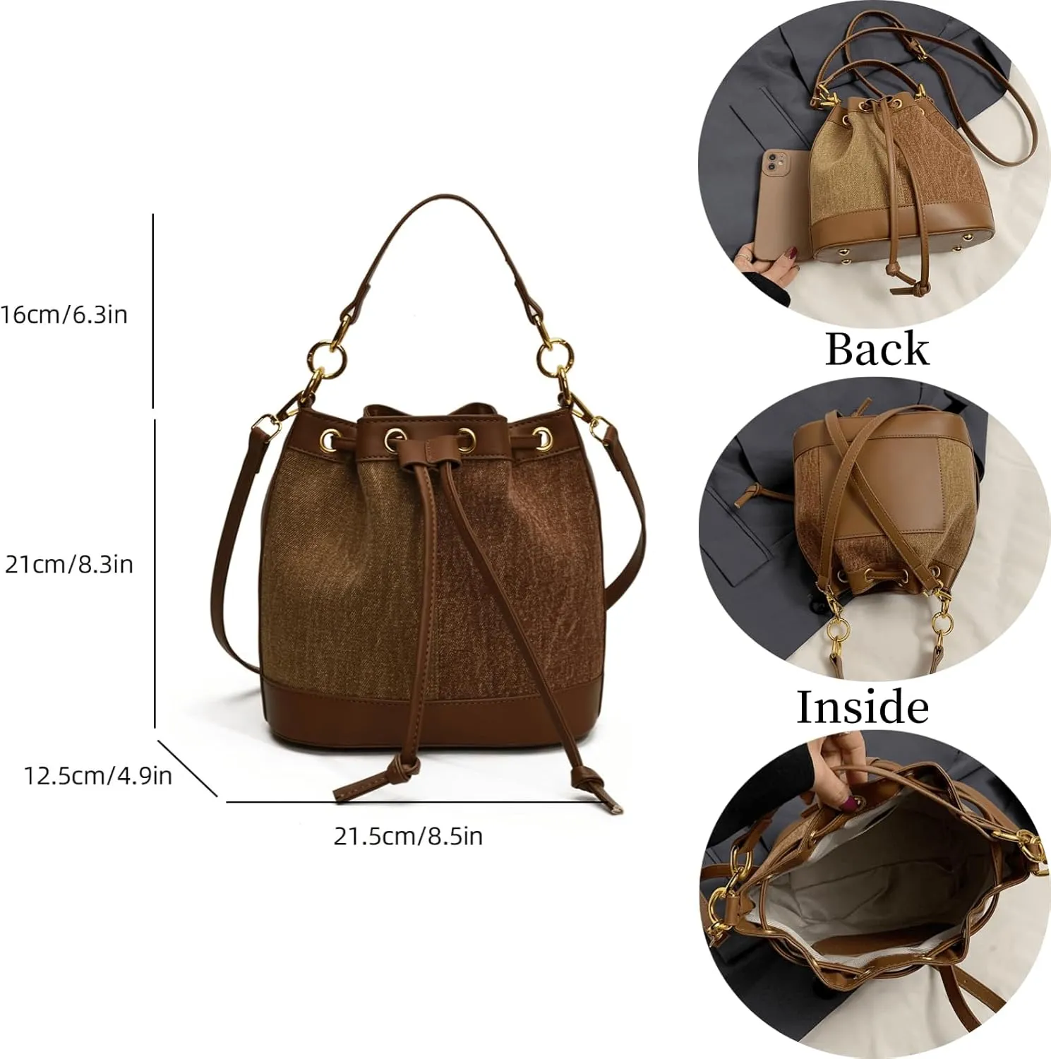 Denim Bucket Bag for Women Handbag Trendy Jean Purse Drawstring Crossbody Shoulder Bag
