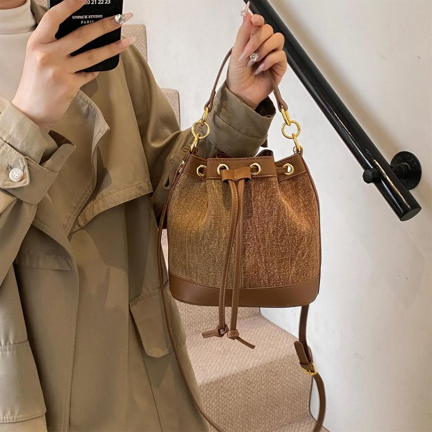 Denim Bucket Bag for Women Handbag Trendy Jean Purse Drawstring Crossbody Shoulder Bag