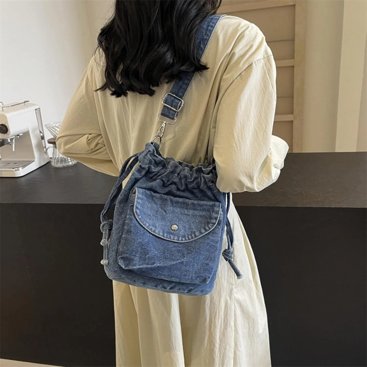 Denim Crossbody Bag Small Drawstring Phone Bag Casual Bucket Purse Shoulder Messenger Bag