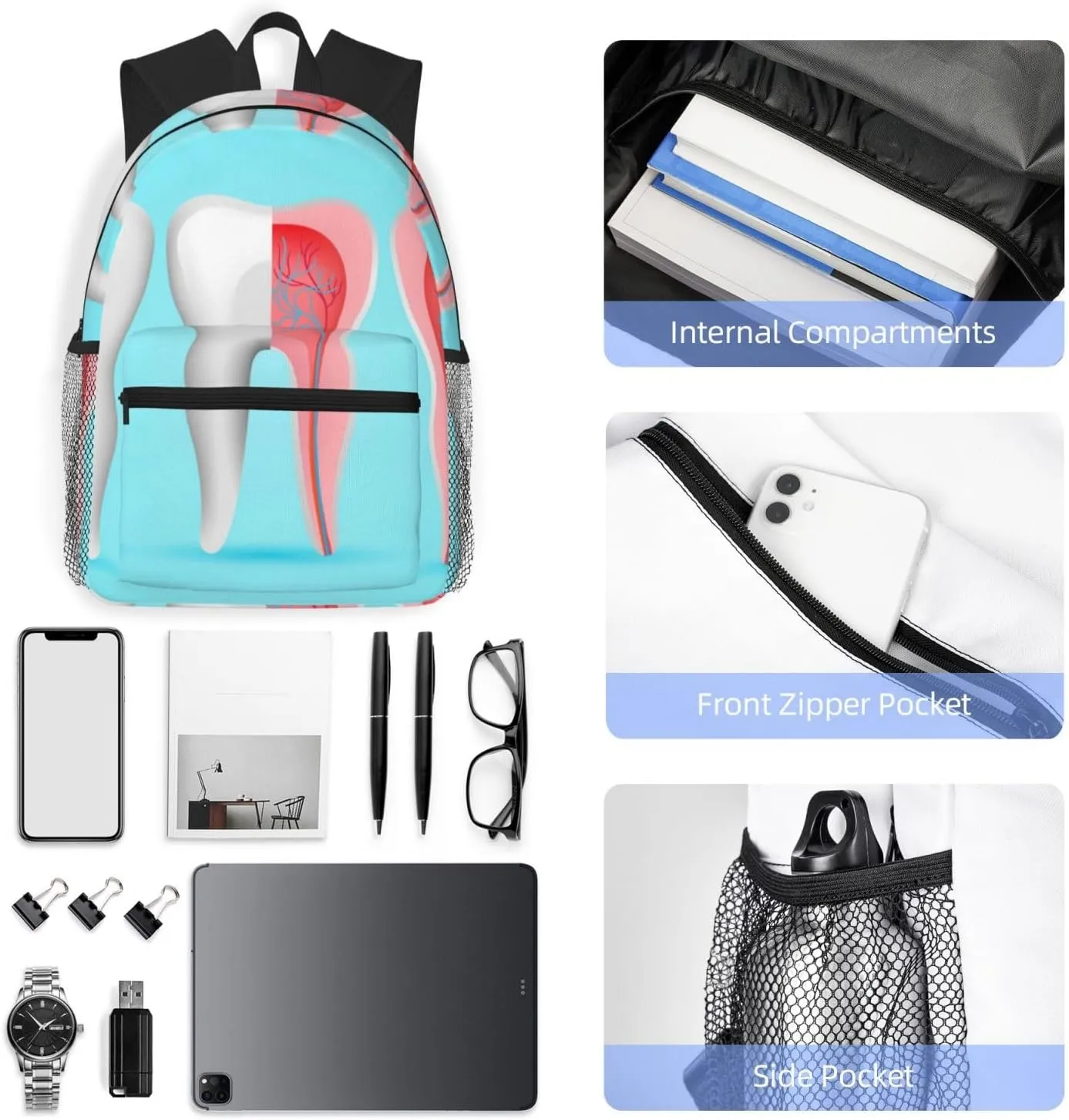 Dentist Tooth Backpack, Travel Laptop Backpack Computer Bag Rucksack for Men Women Business Work Fits 15.6 Inch Notebook