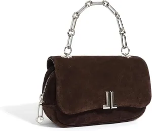 Designer Suede Shoulder Bag with Chain Handle, Brown, Silver Hardware
