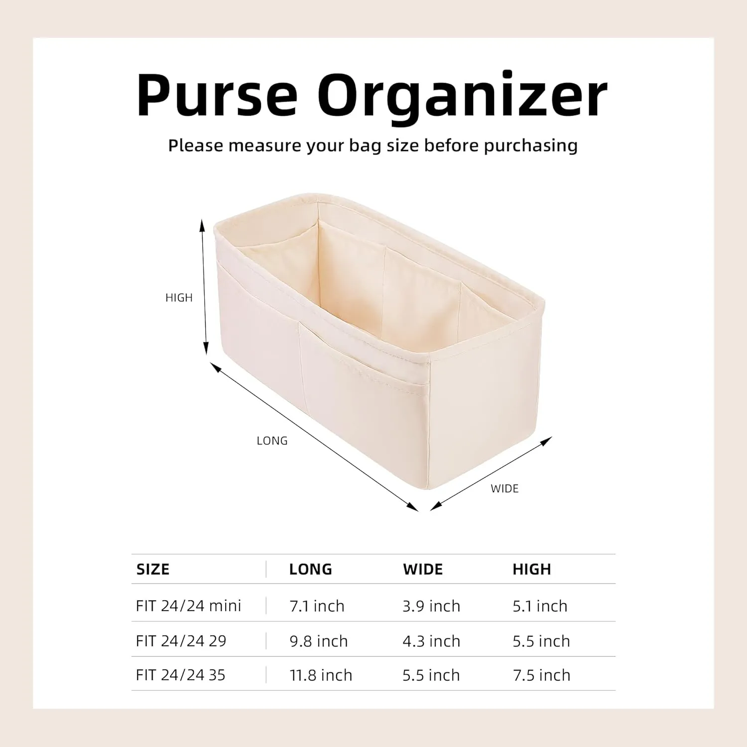 DGAZ Luxury Silk Purse Organizer Insert for Hermes 24/24 Mini/29/35 Bags, Tailored Handbag Organizer (Craie, Tan)