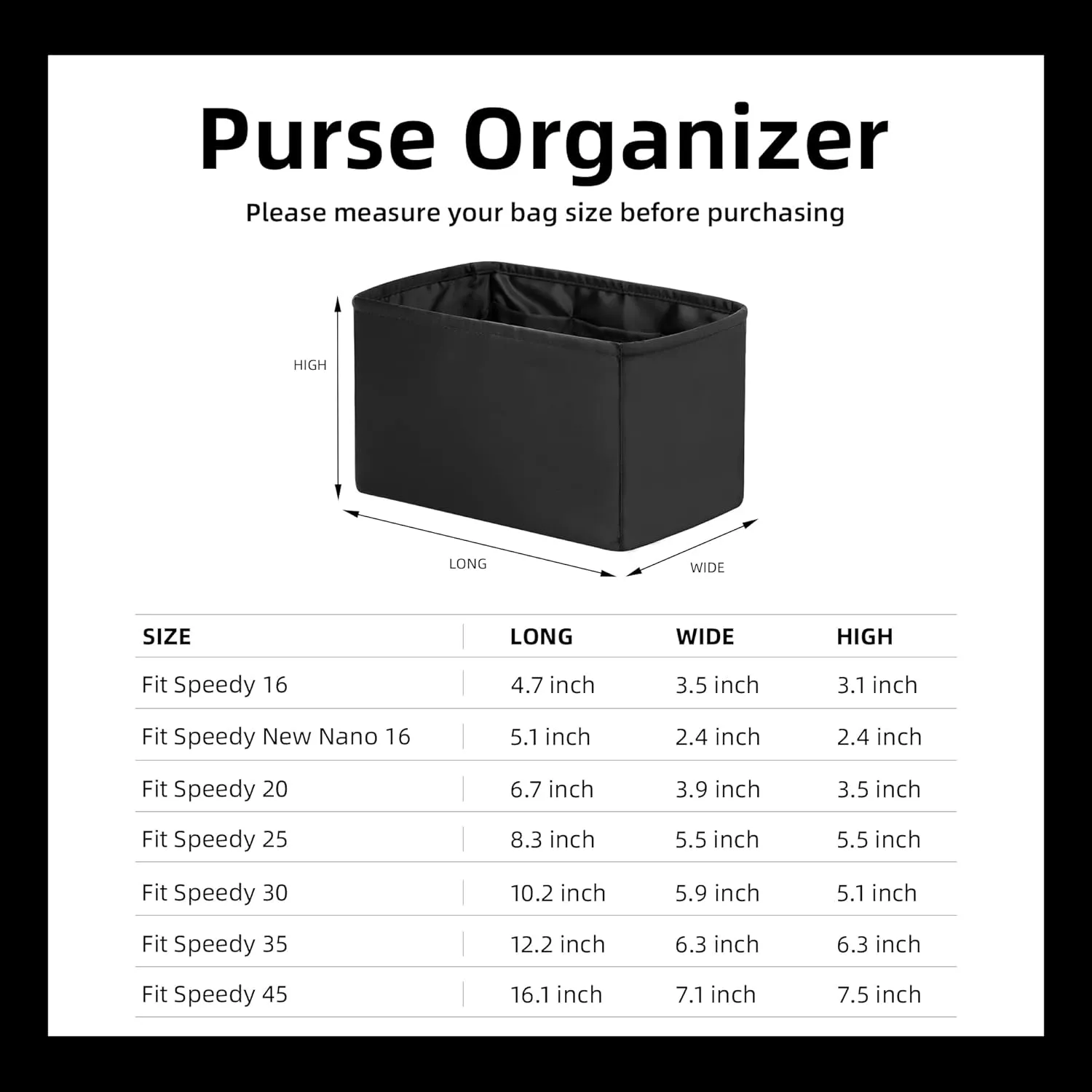DGAZ Silk Purse Organizer Insert Fits LV Speedy 16/20/25/30/35/45 bags，Silky Smooth Bag Organizer，Luxury Handbag & Tote Shaper（Black，SP25）