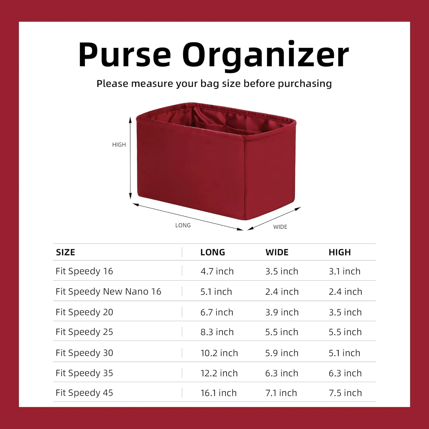 DGAZ Silk Purse Organizer Insert Fits LV Speedy 16/20/25/30/35/45 bags，Silky Smooth Bag Organizer，Luxury Handbag & Tote Shaper（Wine Red，SP25）