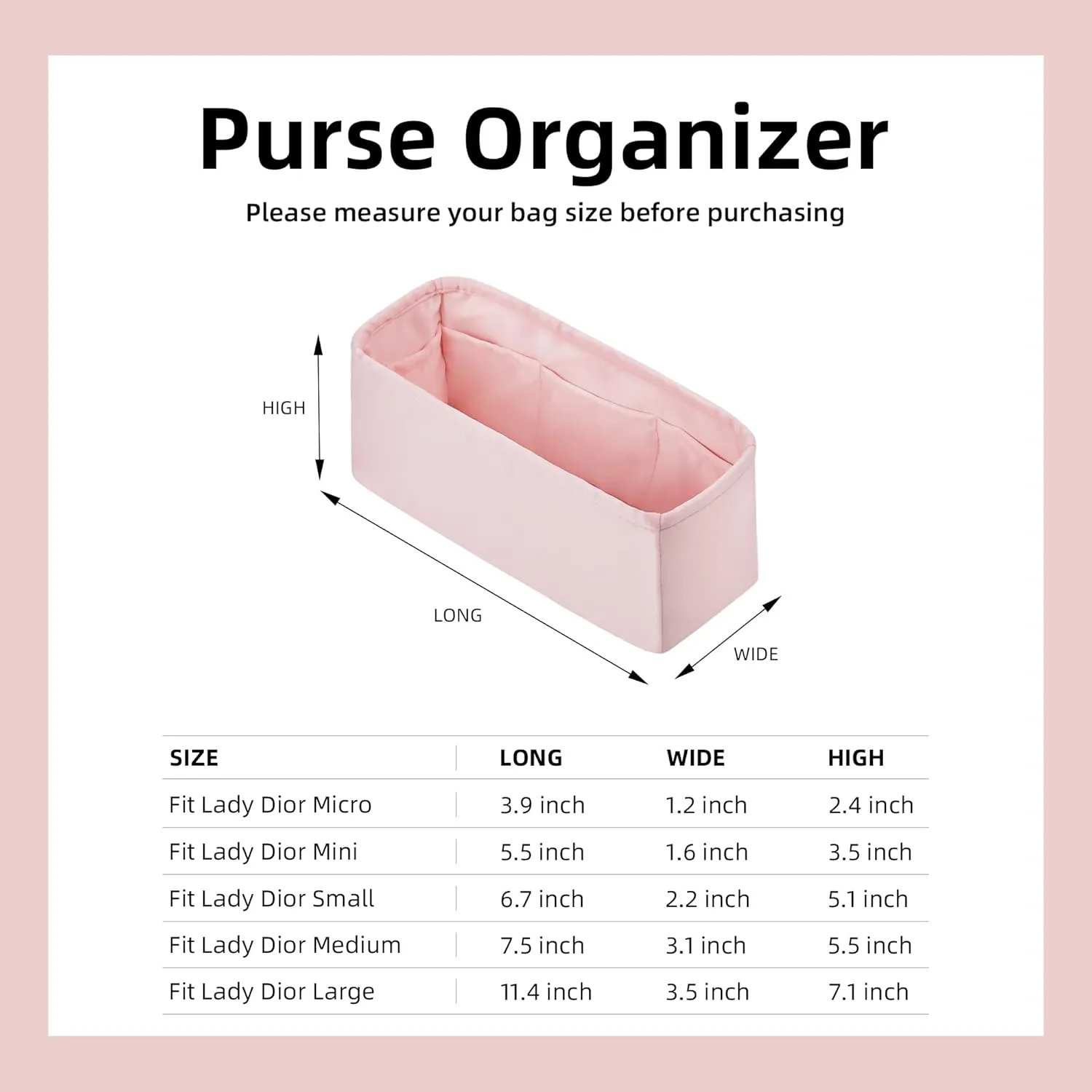 DGAZ Silk Purse Organizer Insert For Lady-Dior Micro/Mini/S/M/L bags，Silky Smooth Bag Organizer，Luxury Handbag & Tote Shaper（Pink，M）