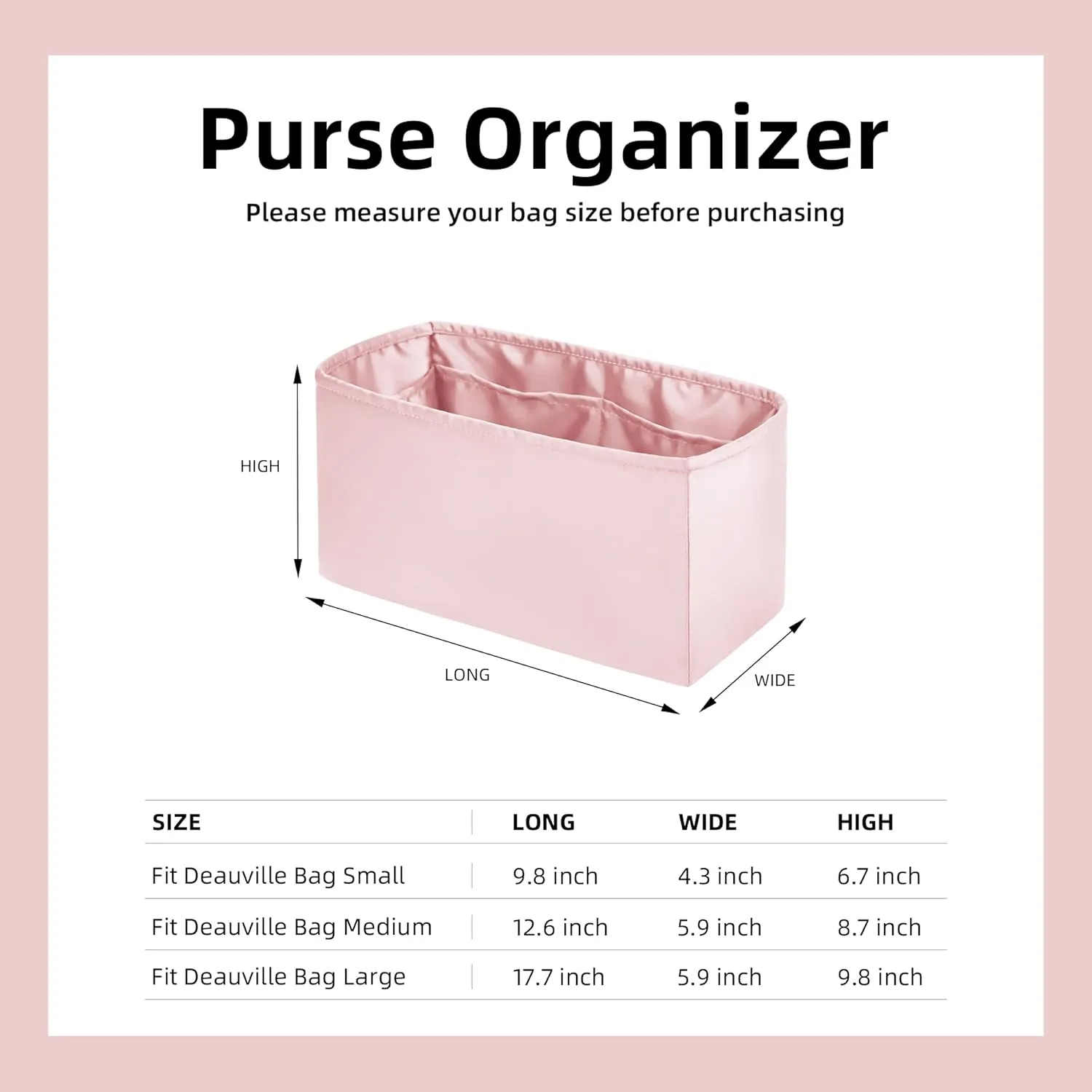 DGAZ Silky Purse Organizer Insert for Chanel Deauville Canvas Bags,Luxury Handbag & Tote Organizer,Simplicity bag organizer (Pink,M)