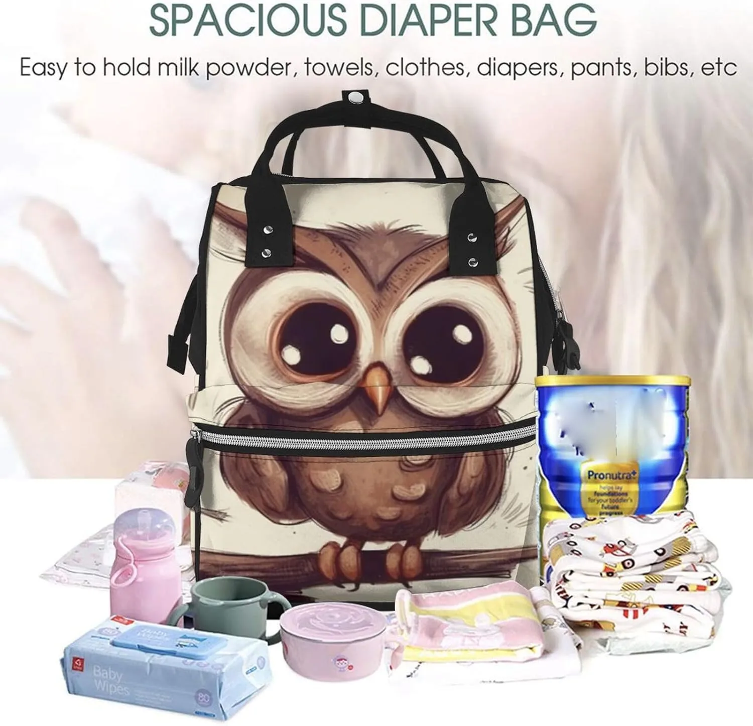 Diaper Bag Nappy Backpack Baby Bag Black and White Octopus and Ship Mummy Backpack Multifunction Changing Bags for Travel, Cute Owl, One Size