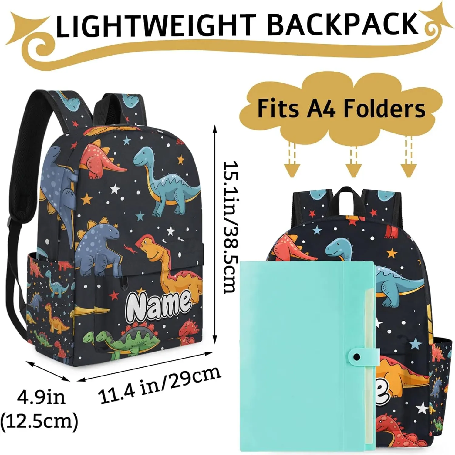 Dinosaurs Stars Personalized Backpack Bag with Name Lightweight Custom Shoulder Bags Waterproof Casual Backpacks Travel Laptop Bag 15.1in