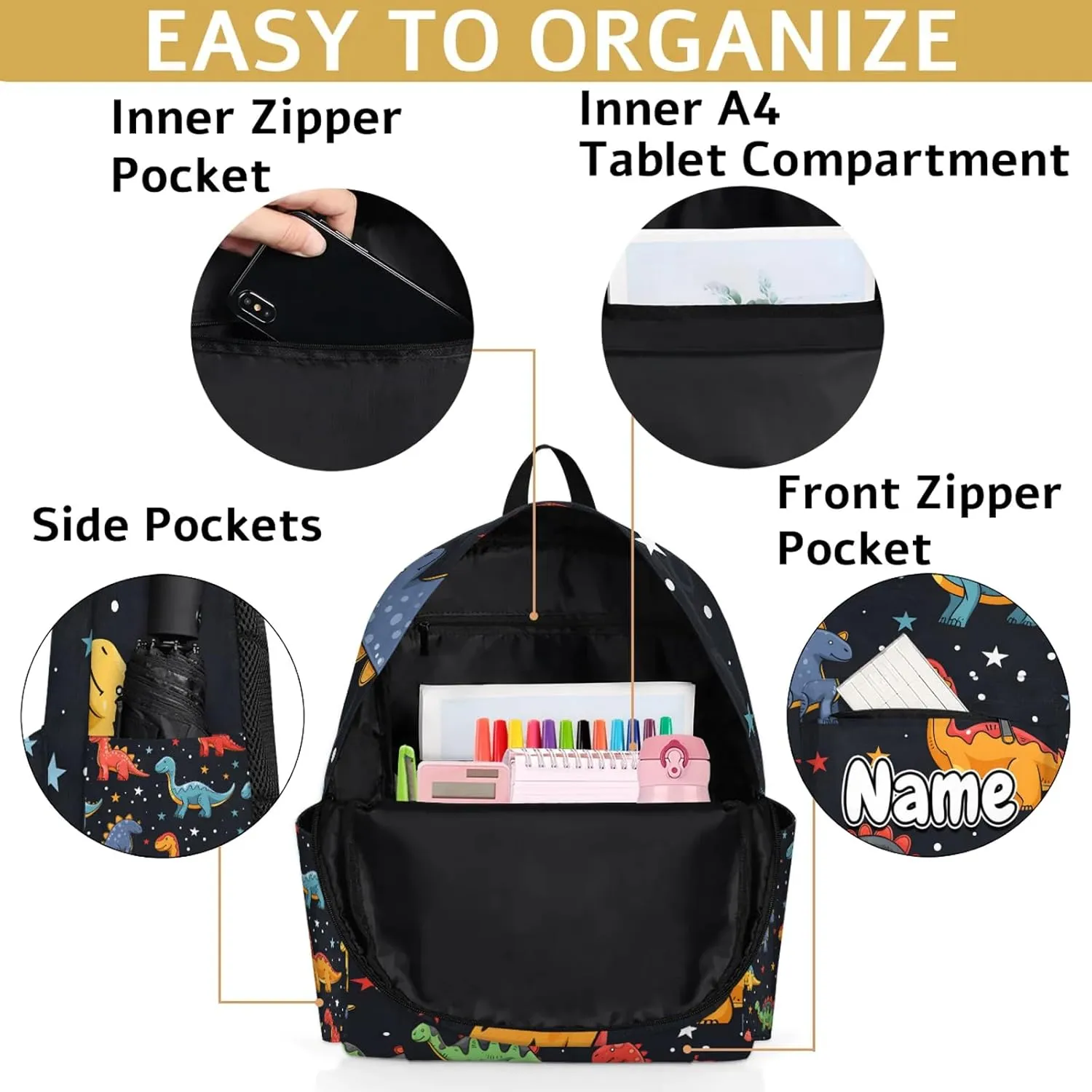 Dinosaurs Stars Personalized Backpack Bag with Name Lightweight Custom Shoulder Bags Waterproof Casual Backpacks Travel Laptop Bag 15.1in
