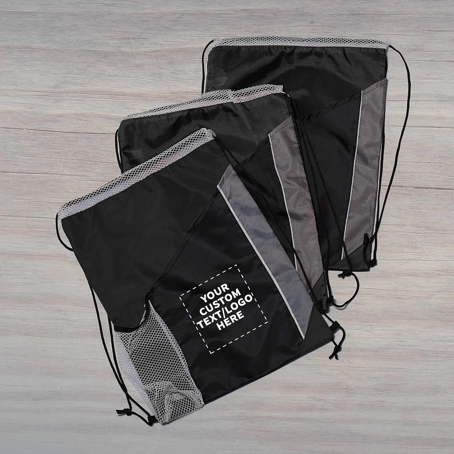 DISCOUNT PROMOS 10 Side Mesh Pockets Drawstring Backpacks Set - Customizable Text, Logo - Tri Color, Front Pocket, Side Mesh - Black