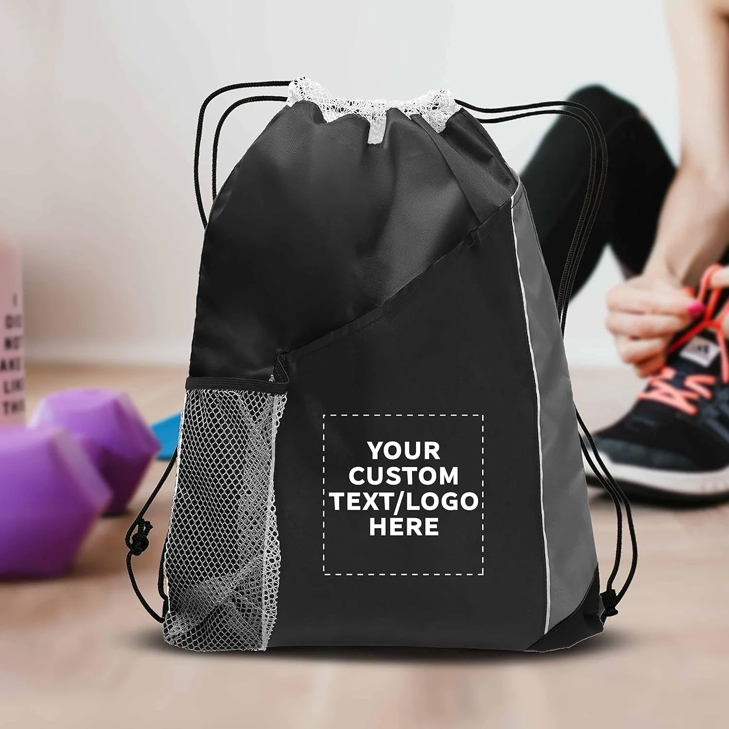 DISCOUNT PROMOS 10 Side Mesh Pockets Drawstring Backpacks Set - Customizable Text, Logo - Tri Color, Front Pocket, Side Mesh - Black