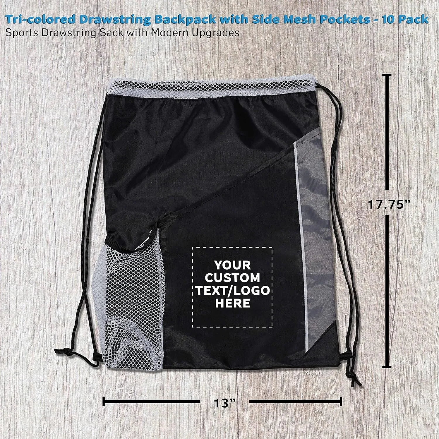 DISCOUNT PROMOS 10 Side Mesh Pockets Drawstring Backpacks Set - Customizable Text, Logo - Tri Color, Front Pocket, Side Mesh - Black