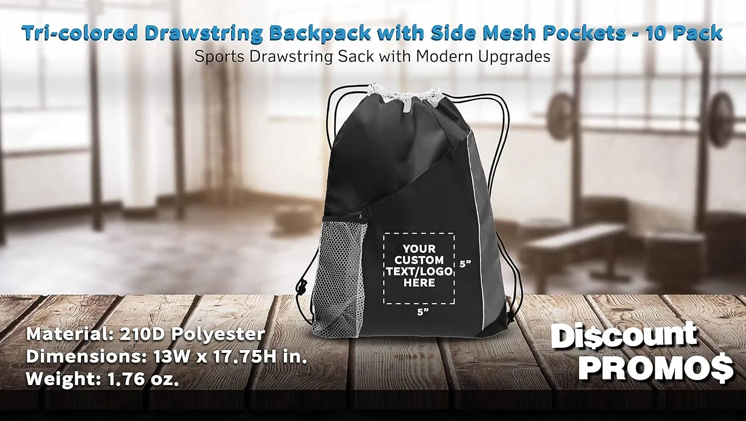 DISCOUNT PROMOS 10 Side Mesh Pockets Drawstring Backpacks Set - Customizable Text, Logo - Tri Color, Front Pocket, Side Mesh - Black