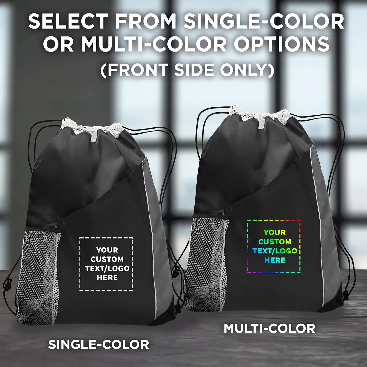 DISCOUNT PROMOS 10 Side Mesh Pockets Drawstring Backpacks Set - Customizable Text, Logo - Tri Color, Front Pocket, Side Mesh - Black