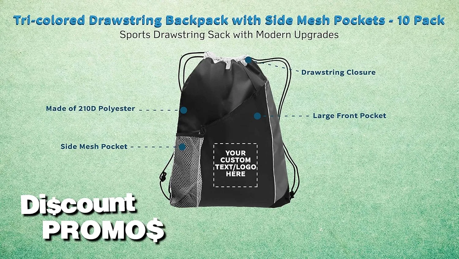 DISCOUNT PROMOS 10 Side Mesh Pockets Drawstring Backpacks Set - Customizable Text, Logo - Tri Color, Front Pocket, Side Mesh - Black