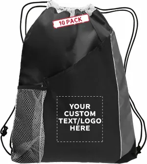 DISCOUNT PROMOS 10 Side Mesh Pockets Drawstring Backpacks Set - Customizable Text, Logo - Tri Color, Front Pocket, Side Mesh - Black