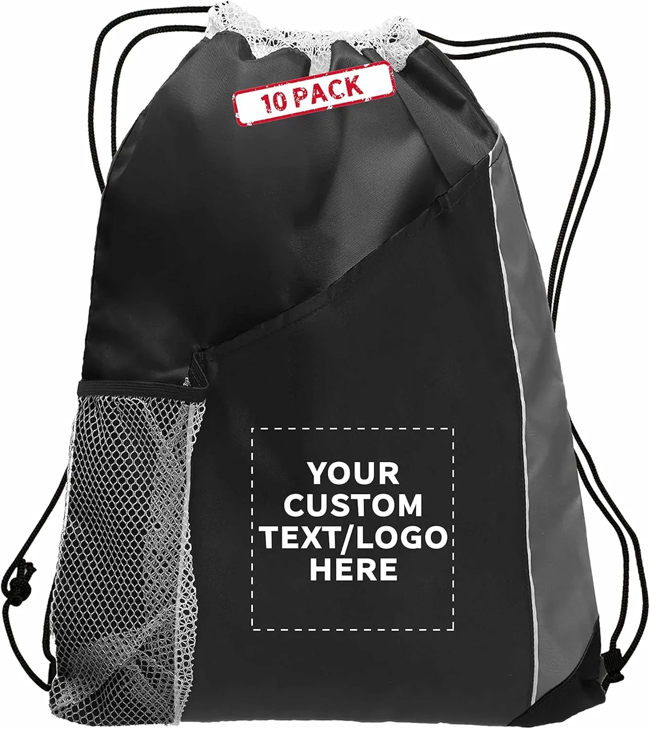 DISCOUNT PROMOS 10 Side Mesh Pockets Drawstring Backpacks Set - Customizable Text, Logo - Tri Color, Front Pocket, Side Mesh - Black