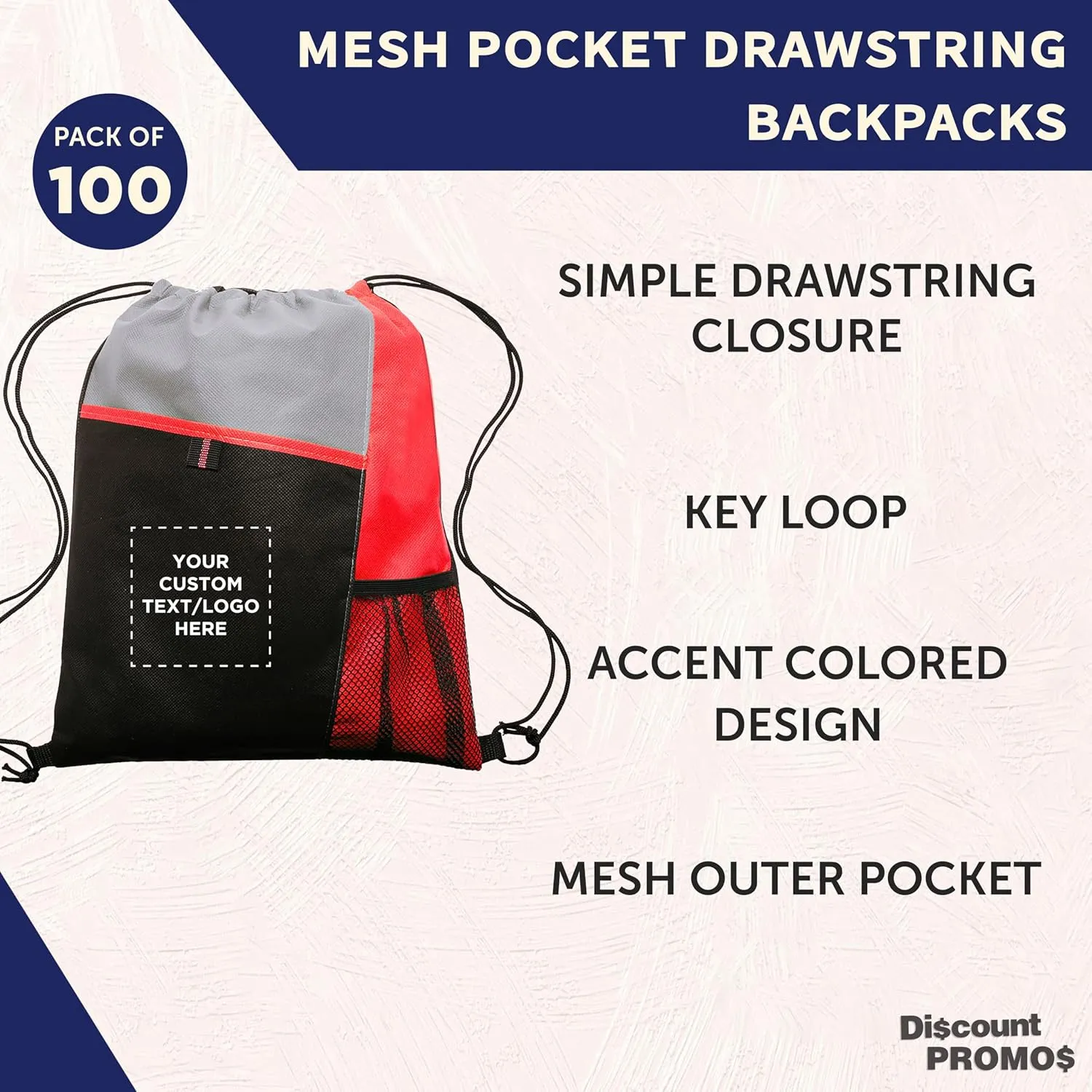 DISCOUNT PROMOS 100 Mesh Pocket Drawstring Backpacks Set - Customizable Text, Logo - Durable, Multicolor, Black Straps - Red