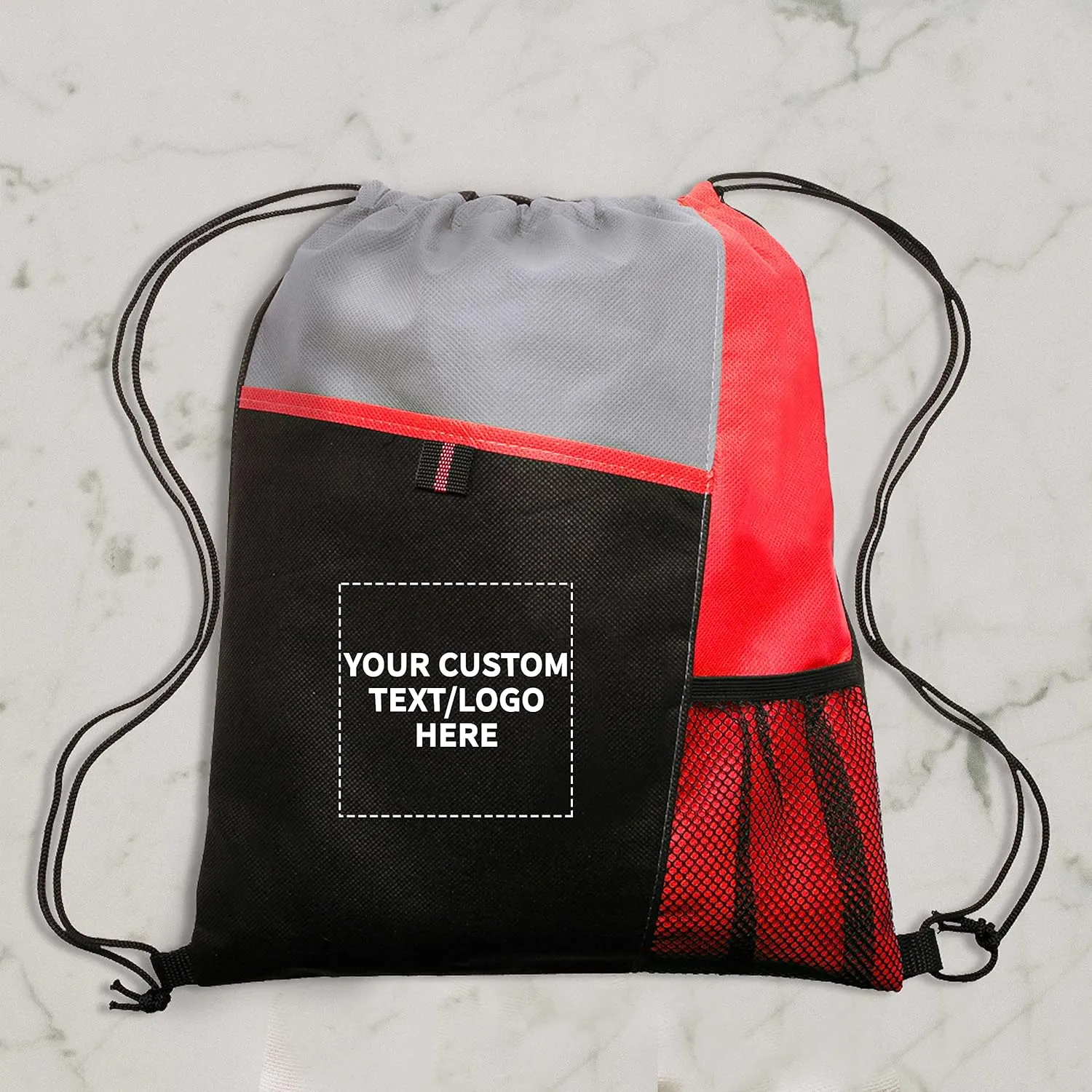 DISCOUNT PROMOS 100 Mesh Pocket Drawstring Backpacks Set - Customizable Text, Logo - Durable, Multicolor, Black Straps - Red