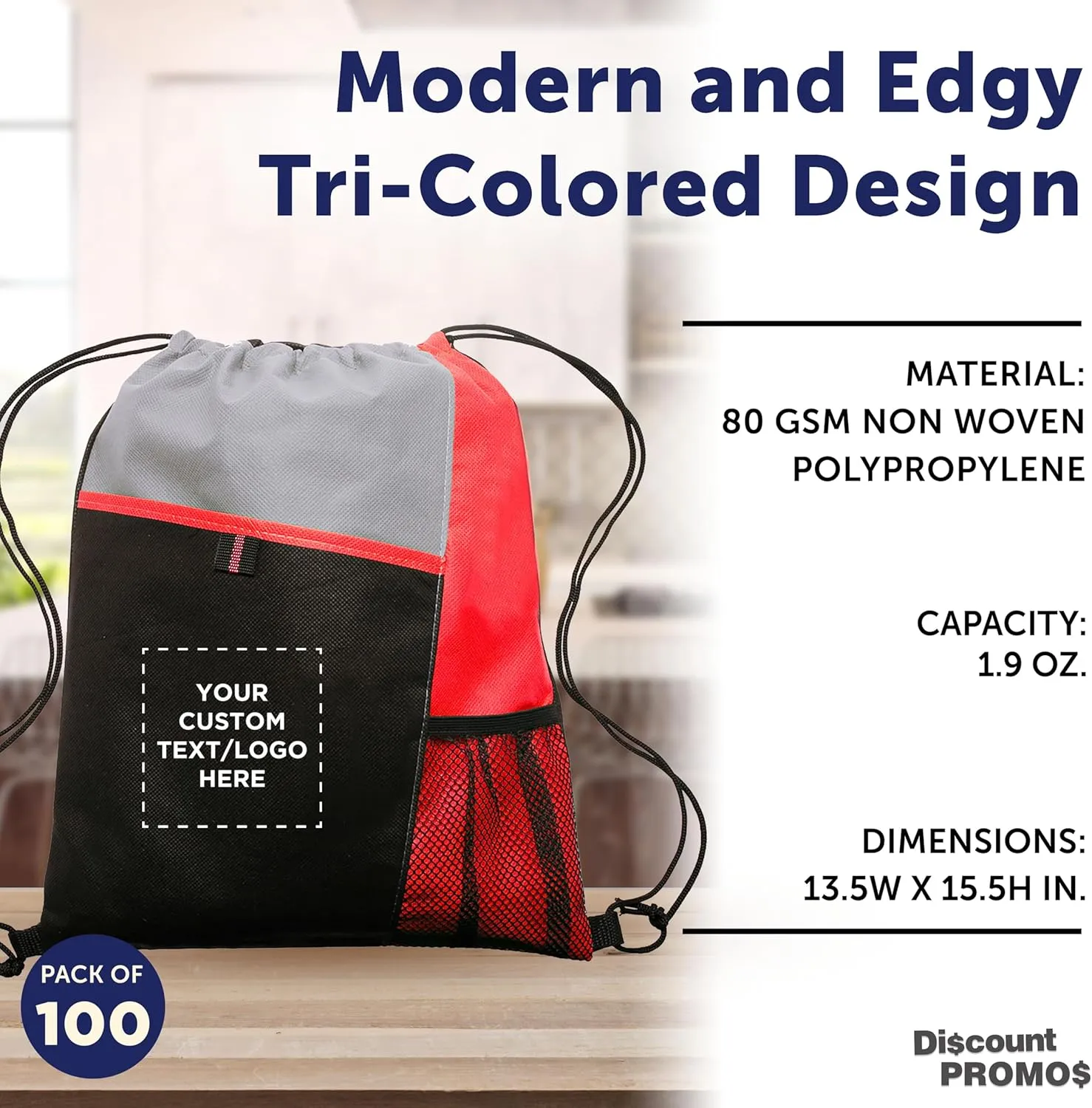 DISCOUNT PROMOS 100 Mesh Pocket Drawstring Backpacks Set - Customizable Text, Logo - Durable, Multicolor, Black Straps - Red