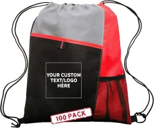 DISCOUNT PROMOS 100 Mesh Pocket Drawstring Backpacks Set - Customizable Text, Logo - Durable, Multicolor, Black Straps - Red
