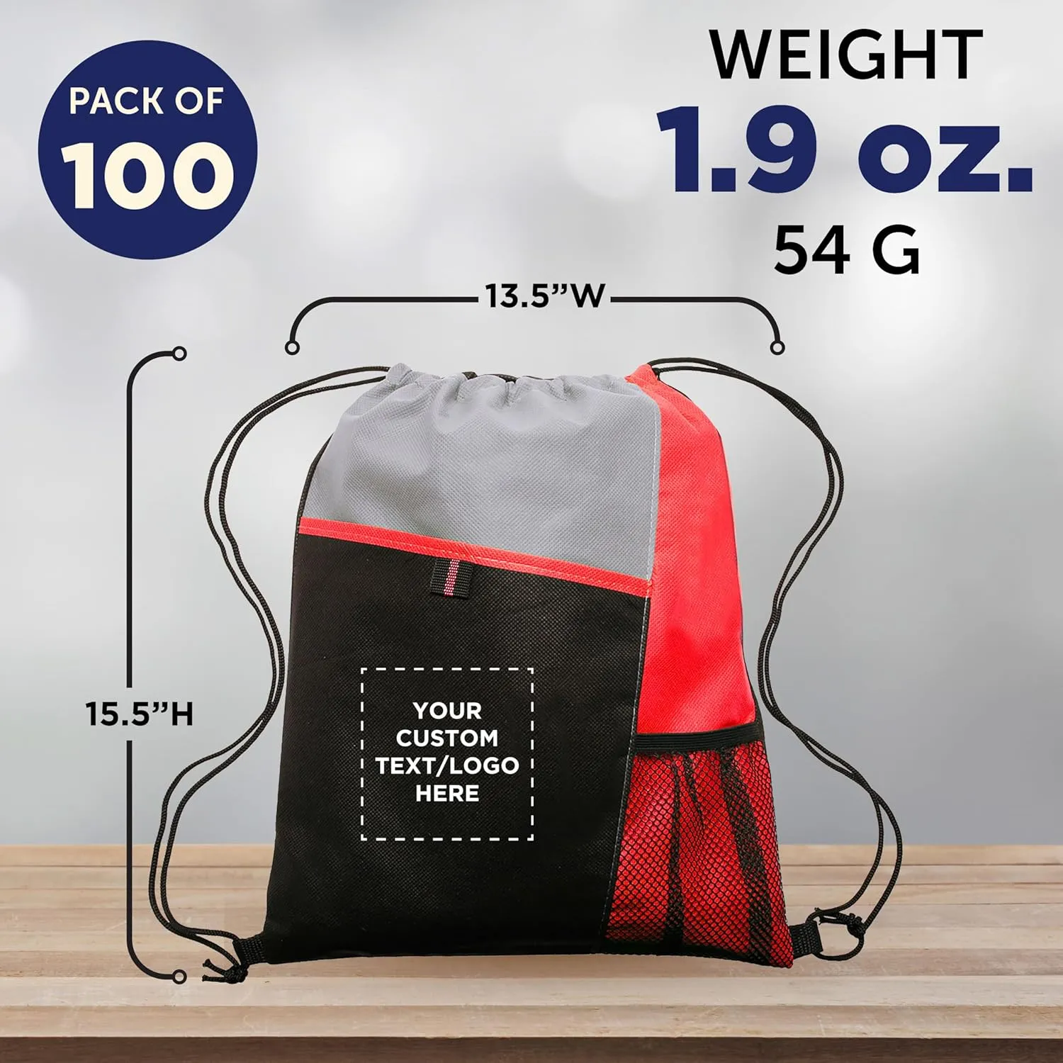 DISCOUNT PROMOS 100 Mesh Pocket Drawstring Backpacks Set - Customizable Text, Logo - Durable, Multicolor, Black Straps - Red